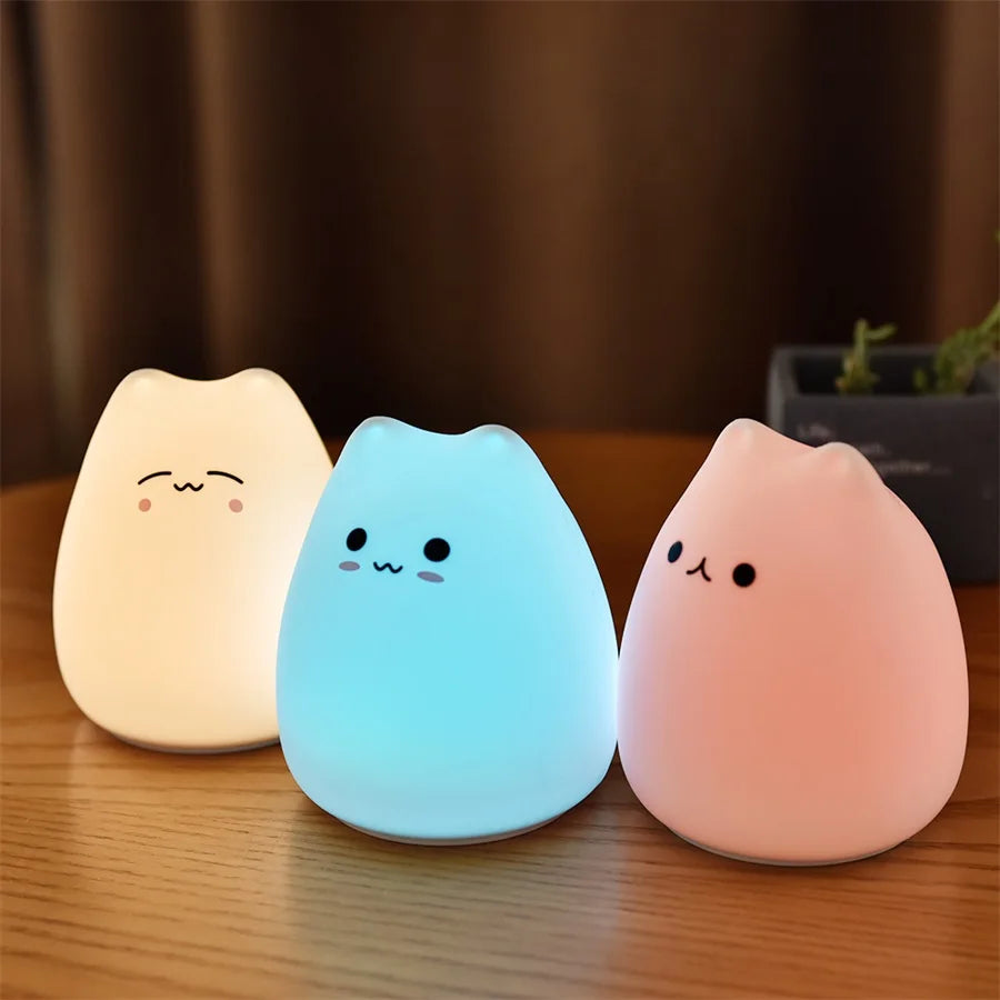 Silicone Touch Sensor LED Night Light For Children Baby Kids 7 Colors 2 Modes Cat LED USB LED Night Lamp
